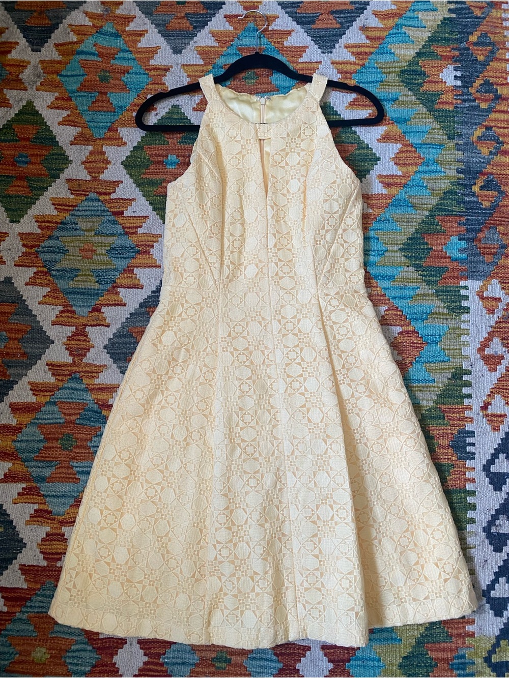 White House Black Market Butter Yellow Lace Midi Fit-and-Flare Dress